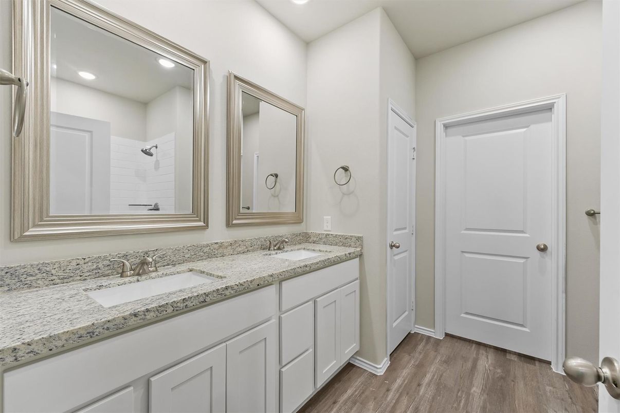 Bathroom, Dual Sink Vanities, Interior, Recessed Lighting, Wood Texture Flooring