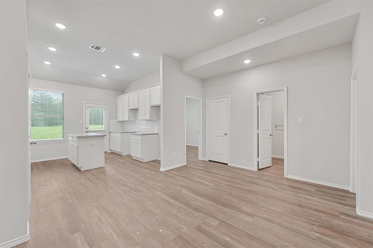 Empty room, Interior, Kitchen, Recessed Lighting, Wood Texture Flooring