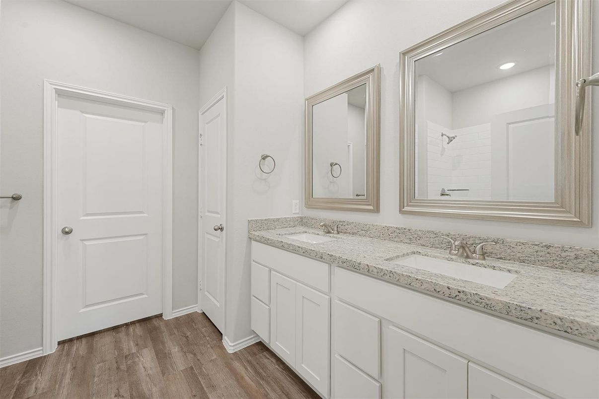 Bathroom, Dual Sink Vanities, Interior, Recessed Lighting, Wood Texture Flooring