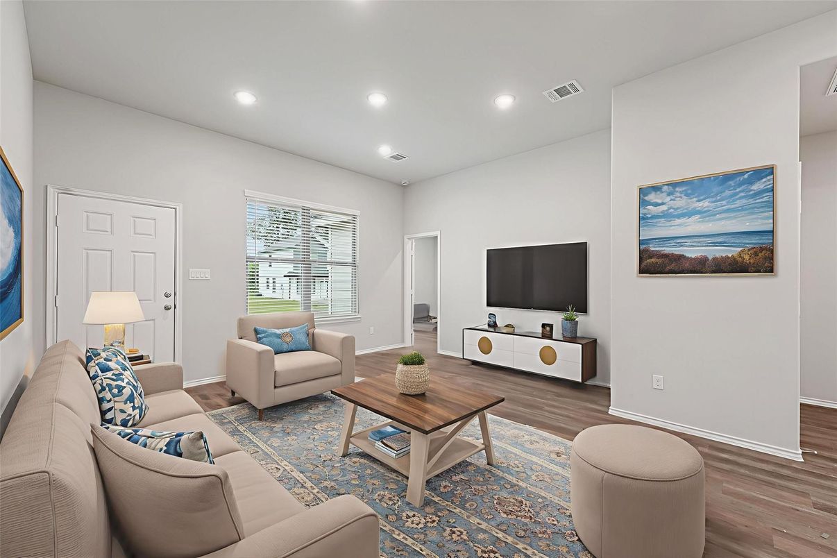 Interior, Living room, Recessed Lighting, Wood Texture Flooring