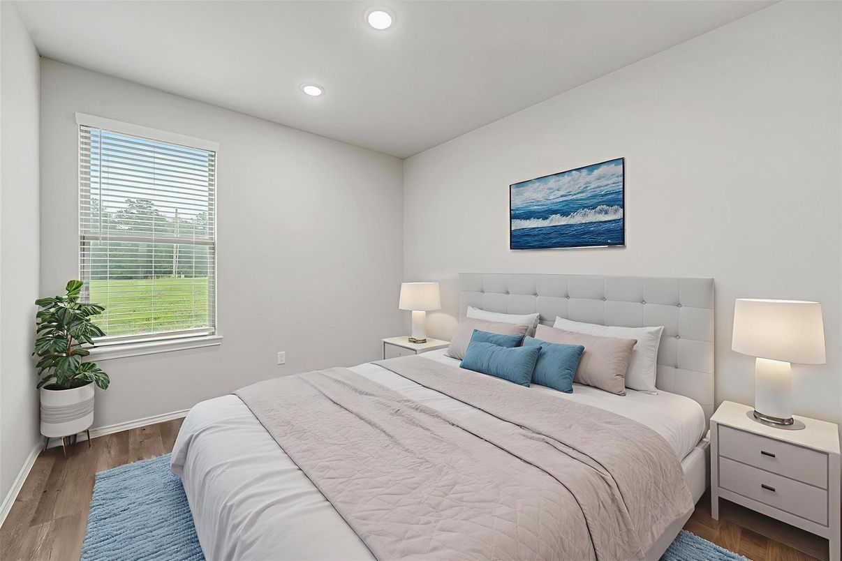 Bedroom, Interior, Recessed Lighting, Wood Texture Flooring