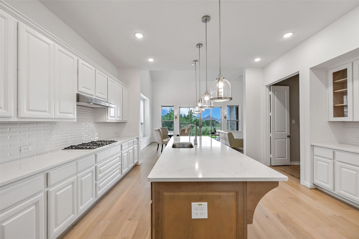 Dining room, Interior, Kitchen, Pendant Lights, Recessed Lighting, Water, Wood Texture Flooring