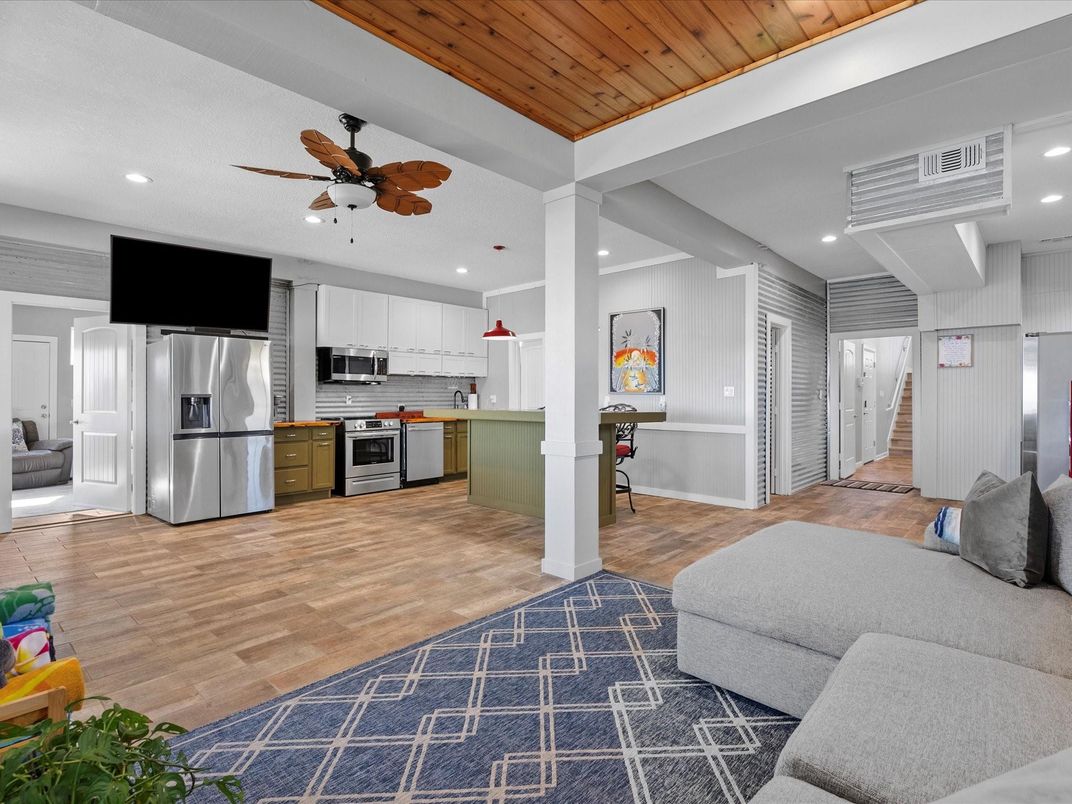 Interior, Kitchen, Living room, Recessed Lighting, Stainless Steel Appliances, Wooden Ceilings, Wood Texture Flooring