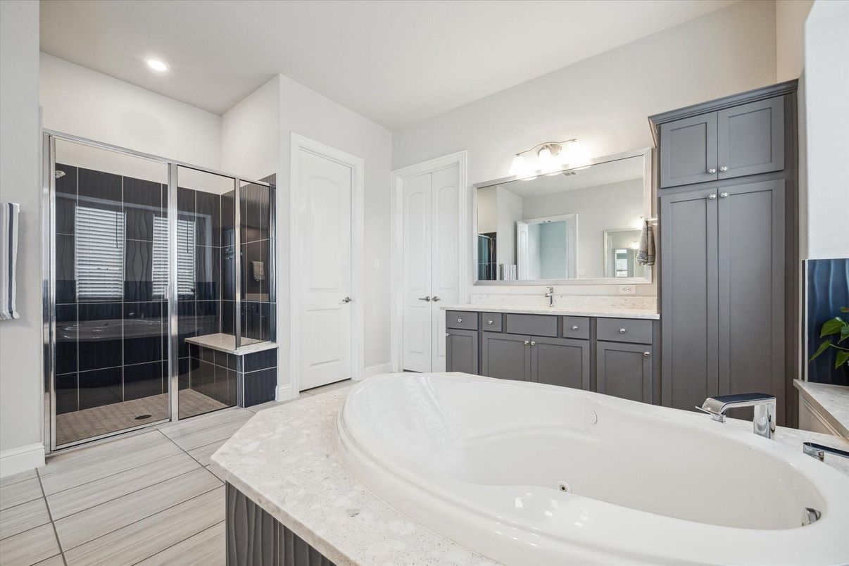 Bathroom, Dual Sink Vanities, Glass Shower, Interior, Recessed Lighting