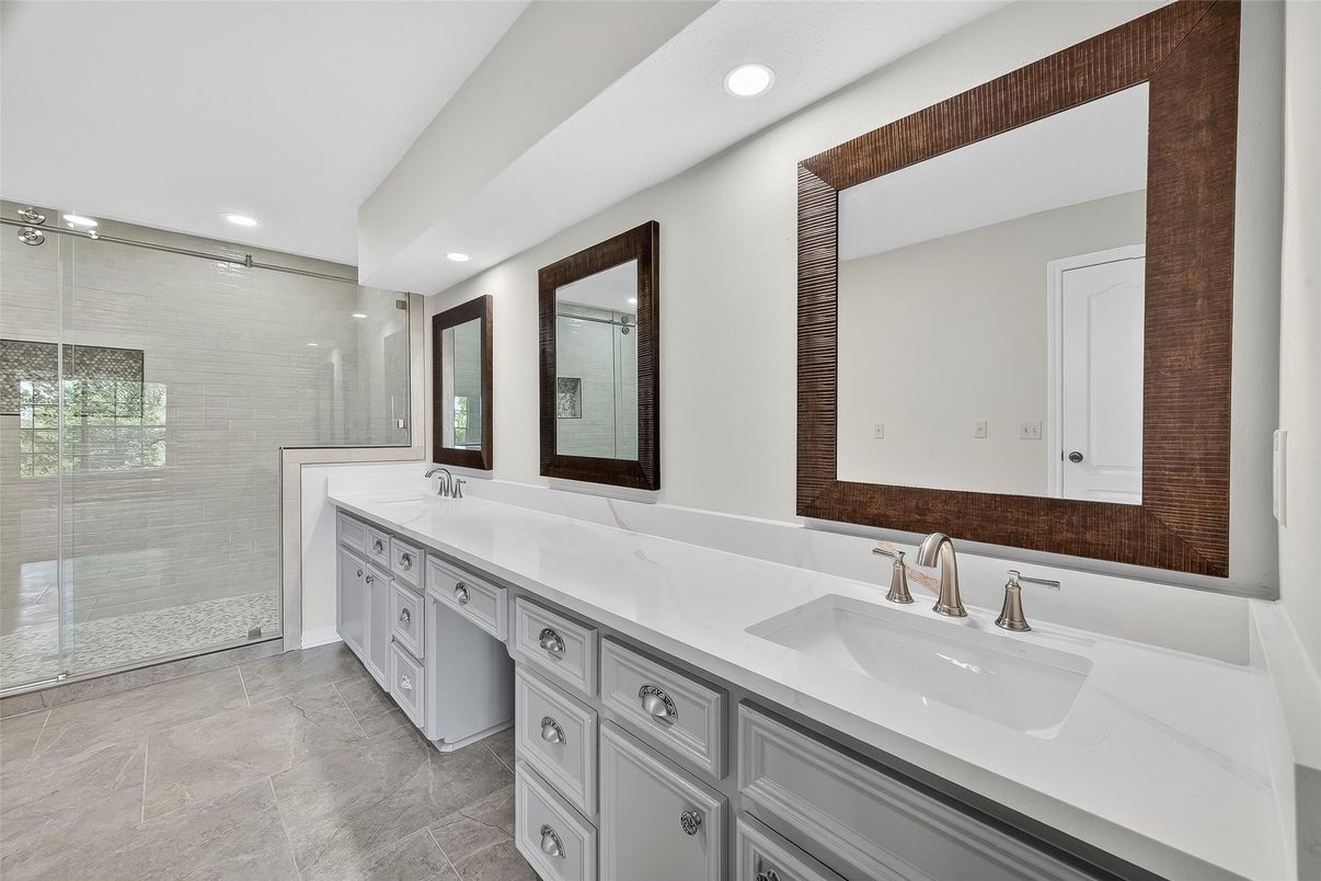 Bathroom, Dual Sink Vanities, Glass Shower, Interior, Recessed Lighting