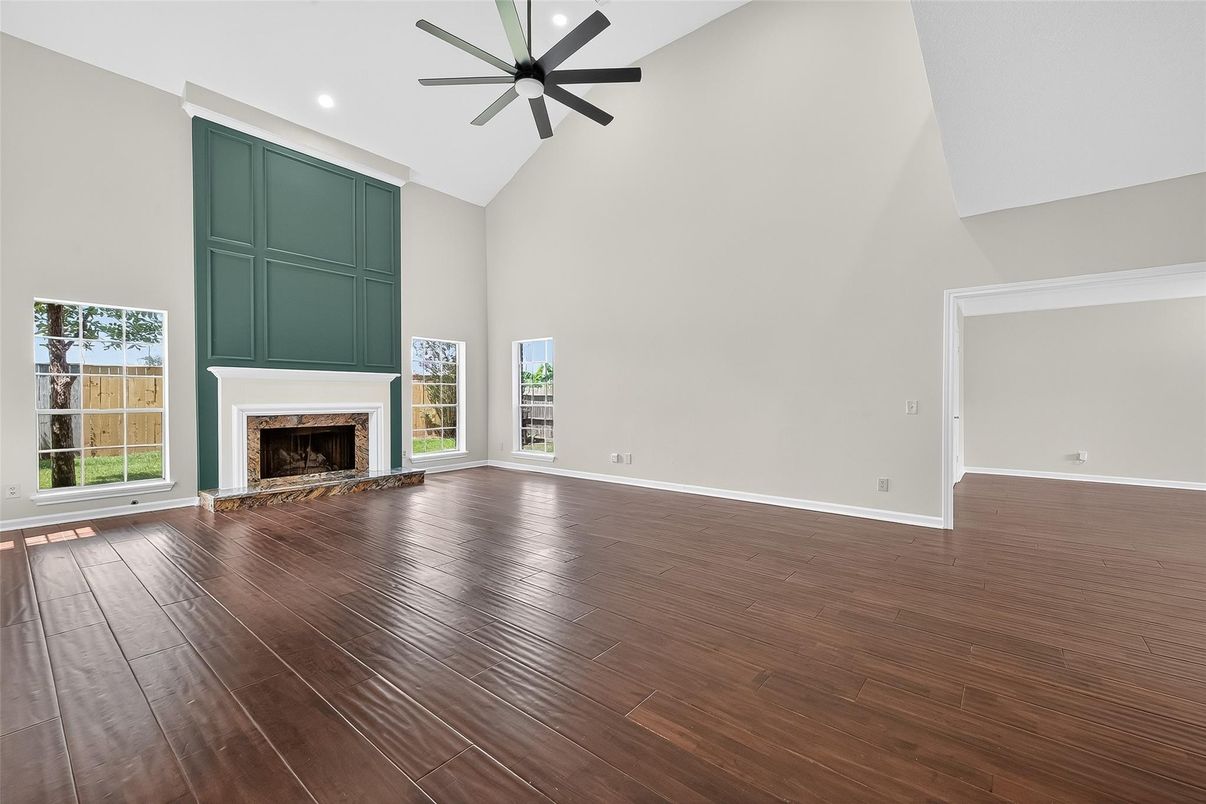 Empty room, Fireplace, Interior, Recessed Lighting, Wood Texture Flooring
