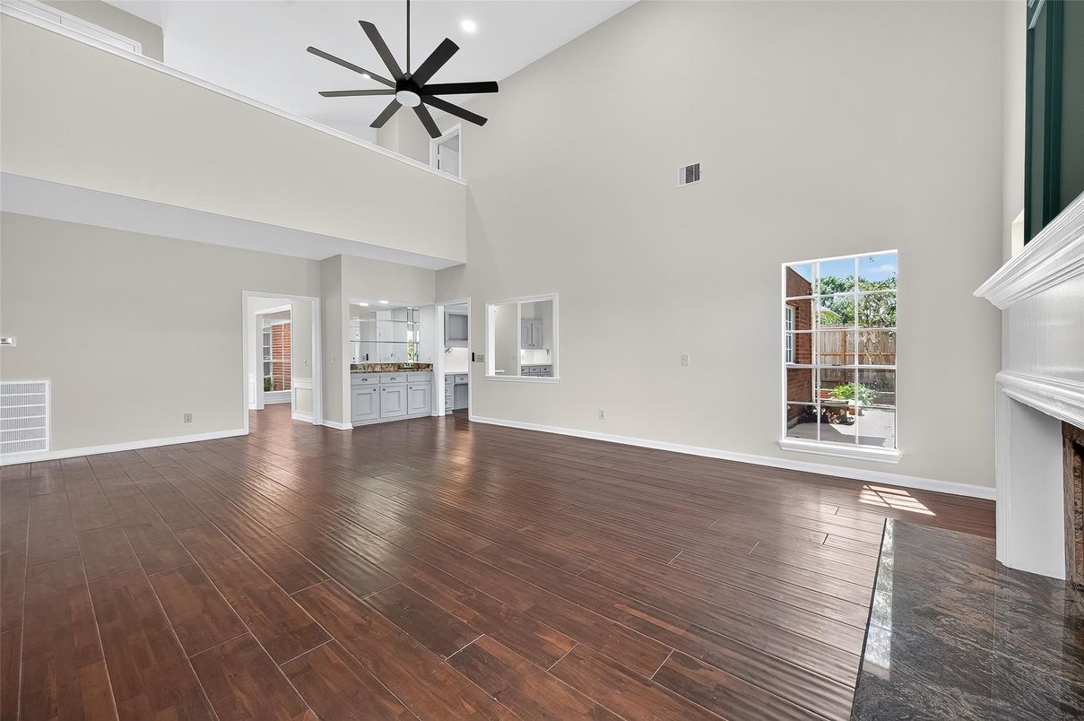 Empty room, Fireplace, Interior, Recessed Lighting, Wood Texture Flooring
