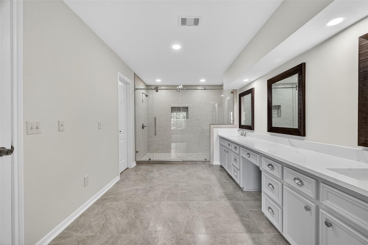 Bathroom, Dual Sink Vanities, Glass Shower, Interior, Recessed Lighting