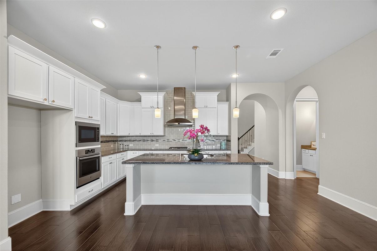 Interior, Kitchen, Pendant Lights, Recessed Lighting, Stainless Steel Appliances, Wood Texture Flooring