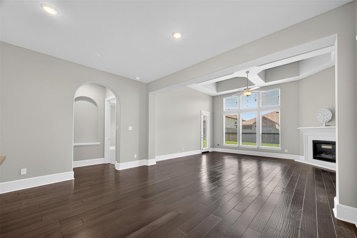 Empty room, Fireplace, Interior, Recessed Lighting, Wood Texture Flooring