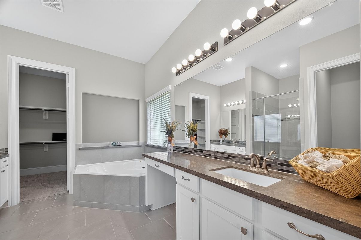 Bathroom, Dual Sink Vanities, Glass Shower, Interior, Recessed Lighting