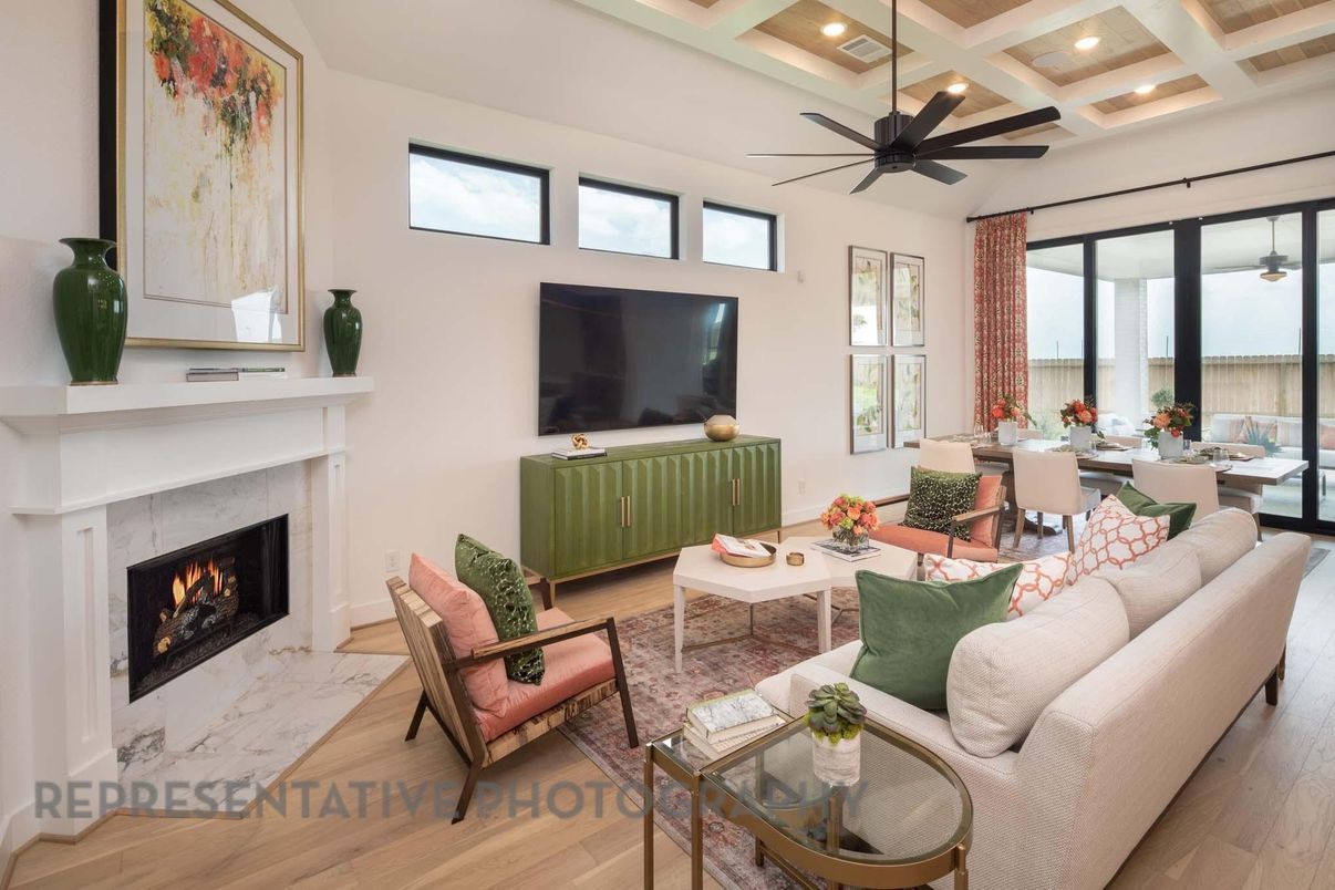 Dining room, Fireplace, Interior, Living room, Pendant Lights, Recessed Lighting, Wood Texture Flooring