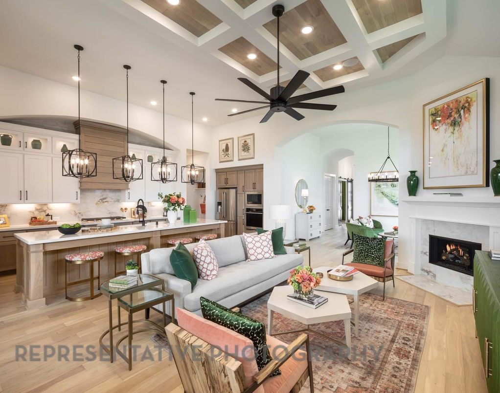 Fireplace, Interior, Kitchen, Living room, Pendant Lights, Recessed Lighting, Stainless Steel Appliances, Wood Texture Flooring