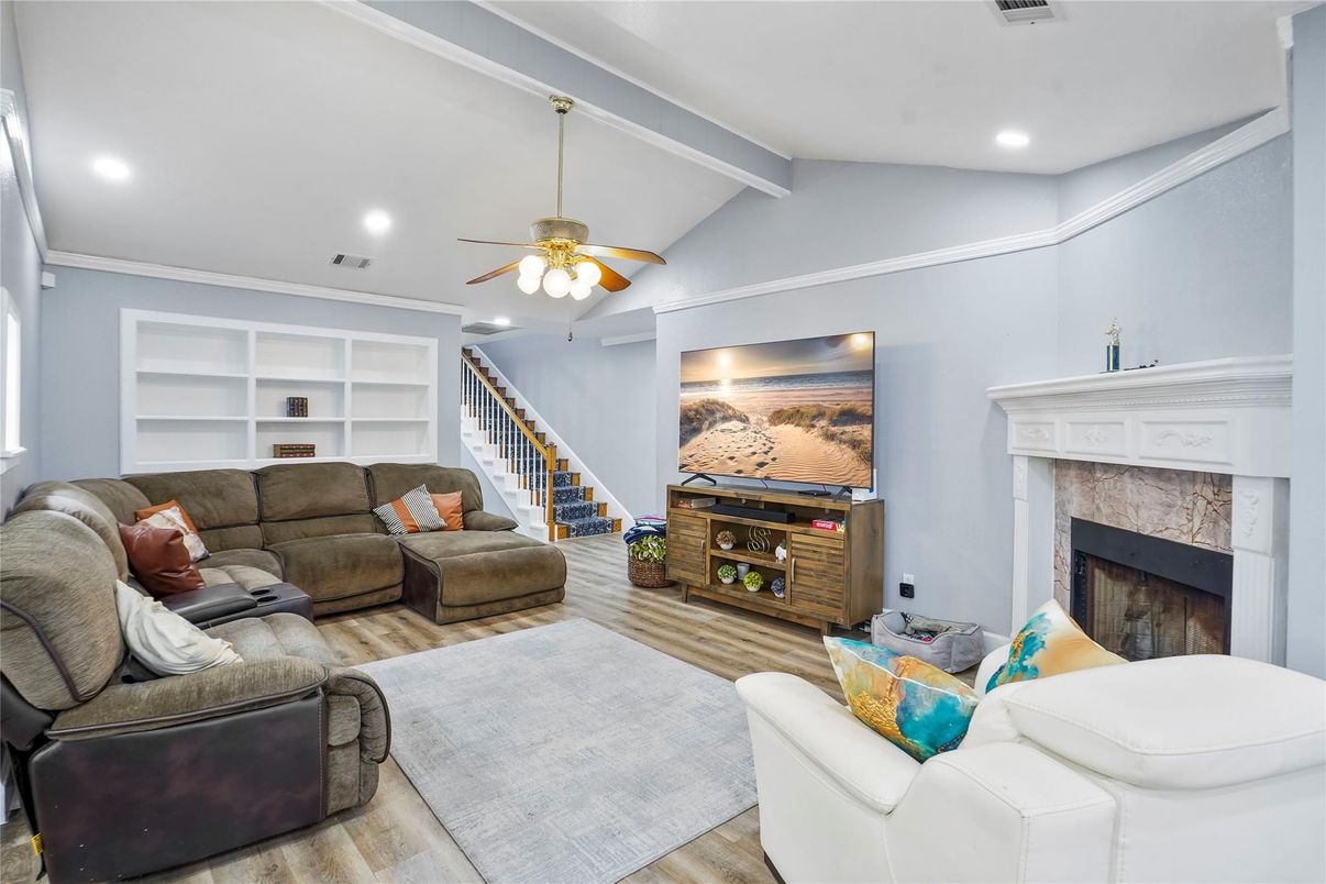 Fireplace, Interior, Living room, Recessed Lighting, Wood Texture Flooring