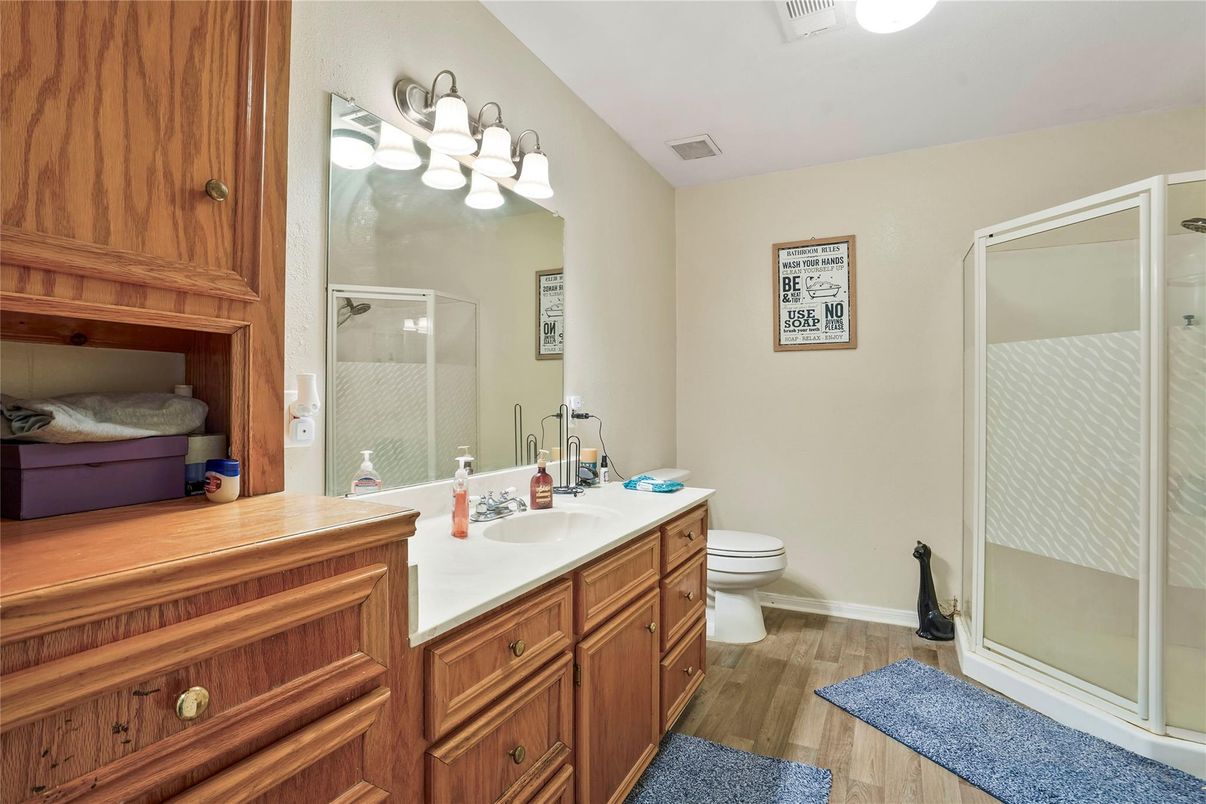Bathroom, Glass Shower, Interior, Wood Texture Flooring