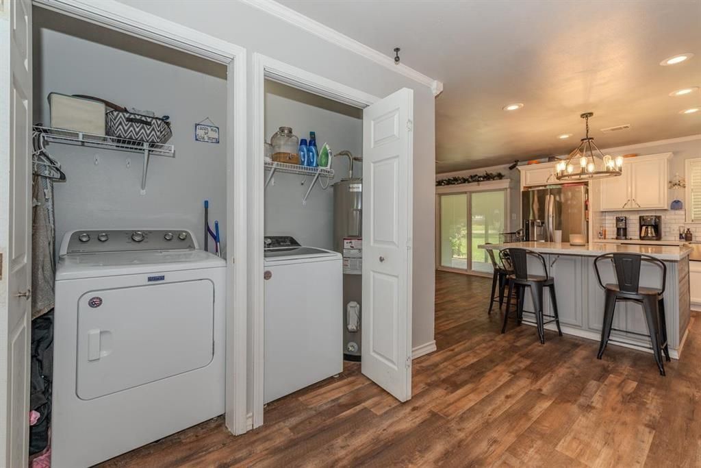 Interior, Kitchen, Recessed Lighting, Utility Closets, Washer, Wood Texture Flooring