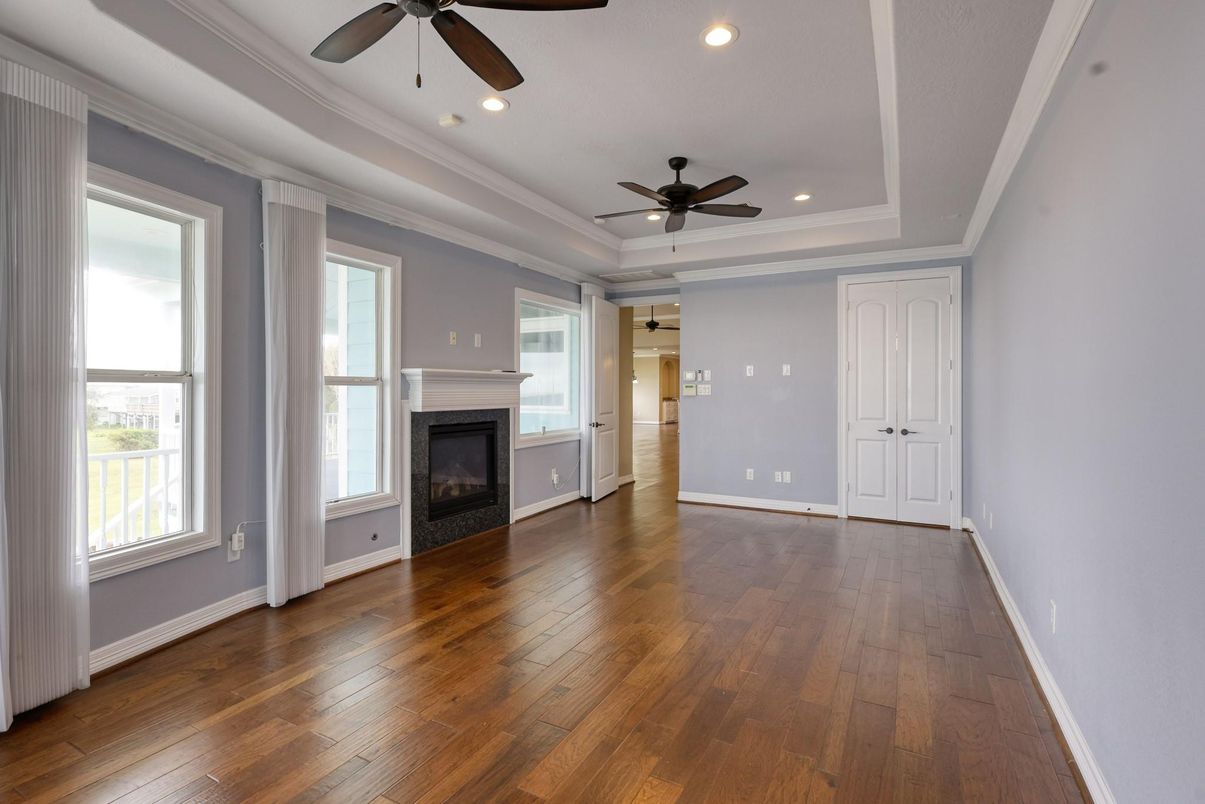 Empty room, Fireplace, Interior, Recessed Lighting, Wood Texture Flooring