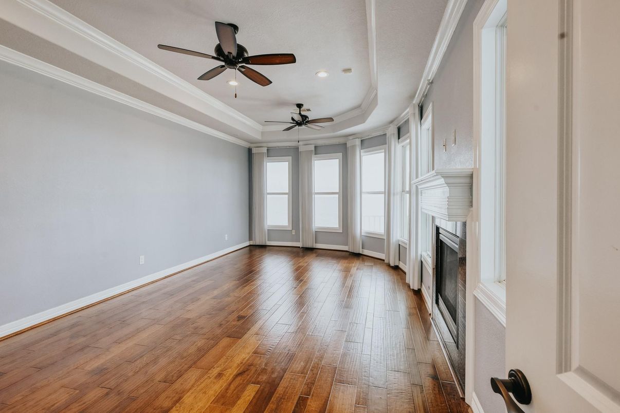Empty room, Fireplace, Interior, Recessed Lighting, Wood Texture Flooring