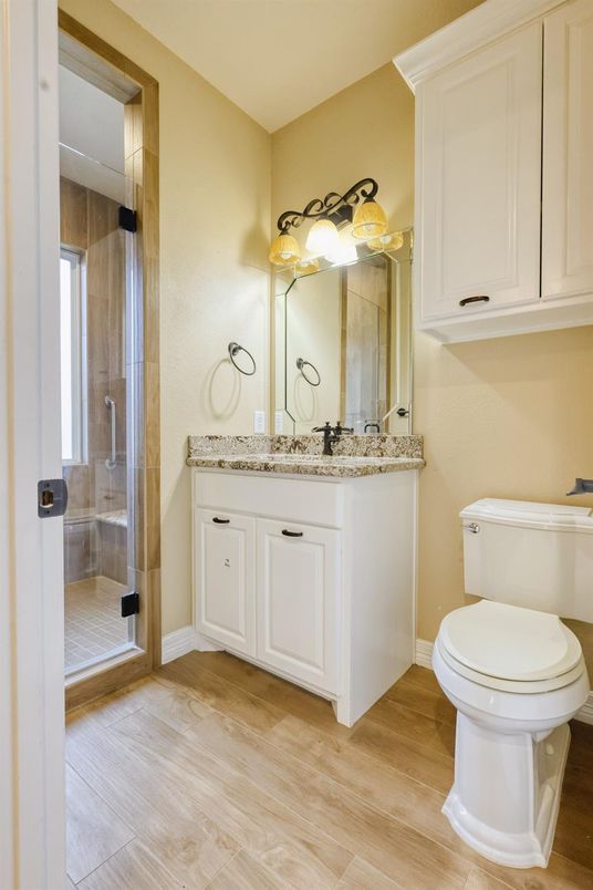 Bathroom, Glass Shower, Interior, Wood Texture Flooring