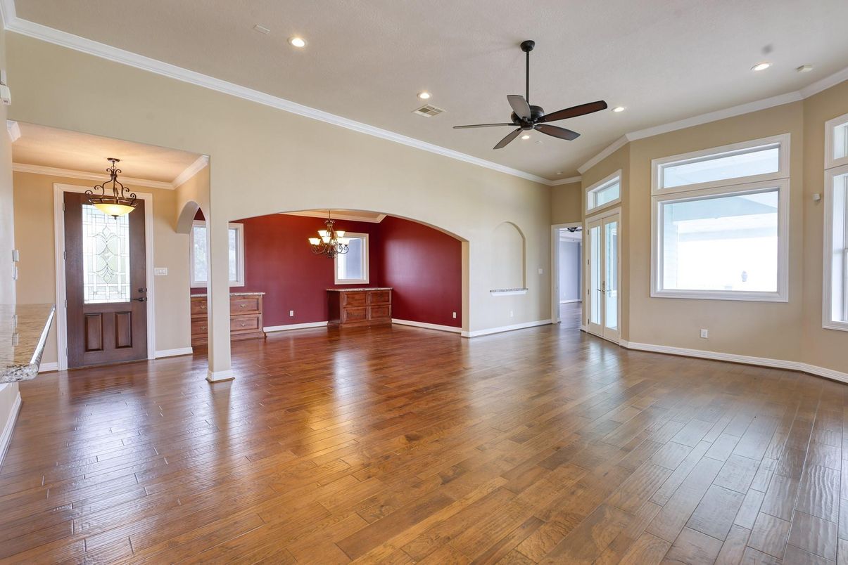 Chandelier, Empty room, Interior, Pendant Lights, Recessed Lighting, Wood Texture Flooring