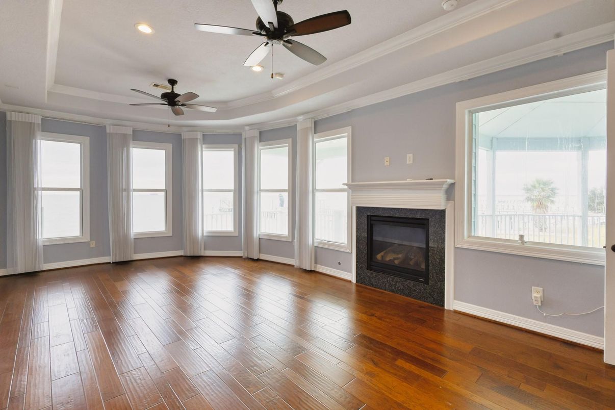 Empty room, Fireplace, Interior, Recessed Lighting, Wood Texture Flooring