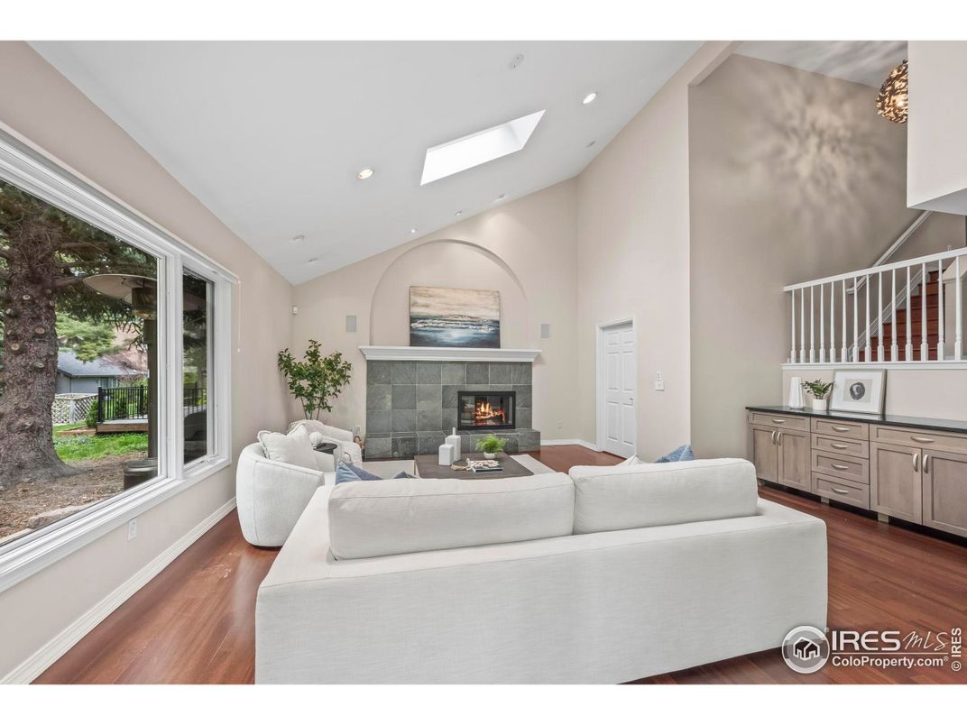 Fireplace, Interior, Living room, Recessed Lighting, Wood Texture Flooring