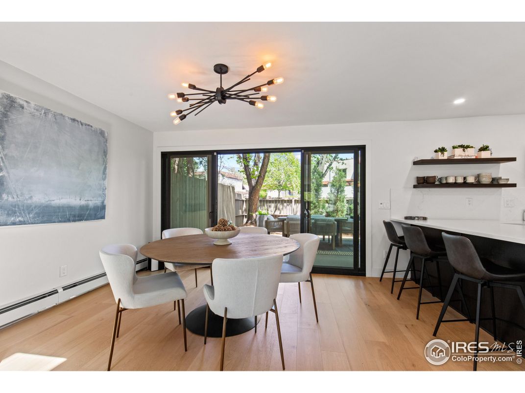 Dining room, Interior, Pendant Lights, Recessed Lighting, Wood Texture Flooring