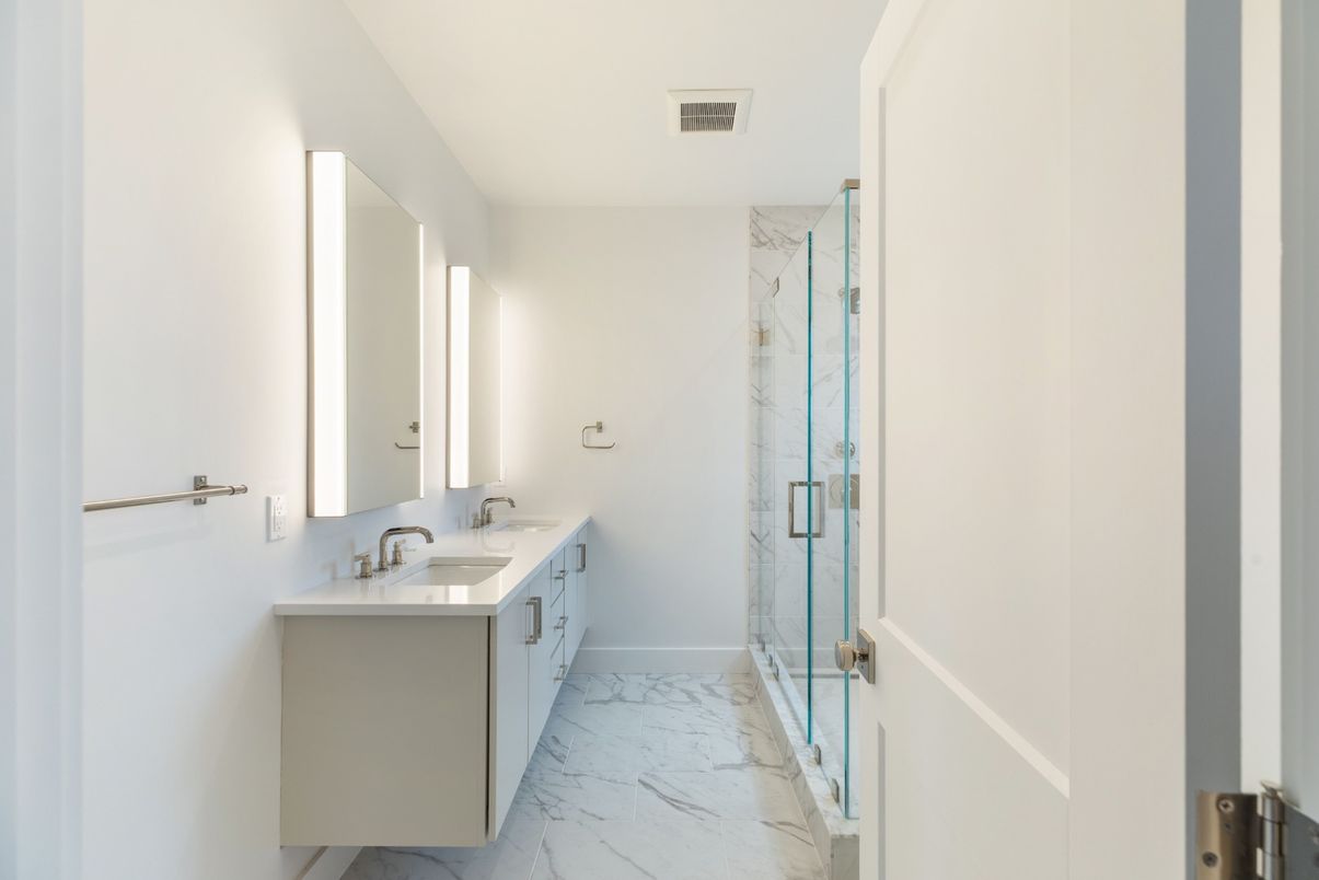 Bathroom, Dual Sink Vanities, Glass Shower, Interior, Marble, Marble Walls
