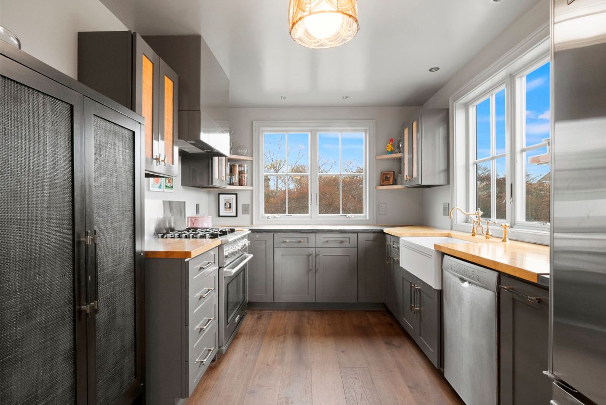 Interior, Kitchen, Recessed Lighting, Stainless Steel Appliances, Wood Texture Flooring