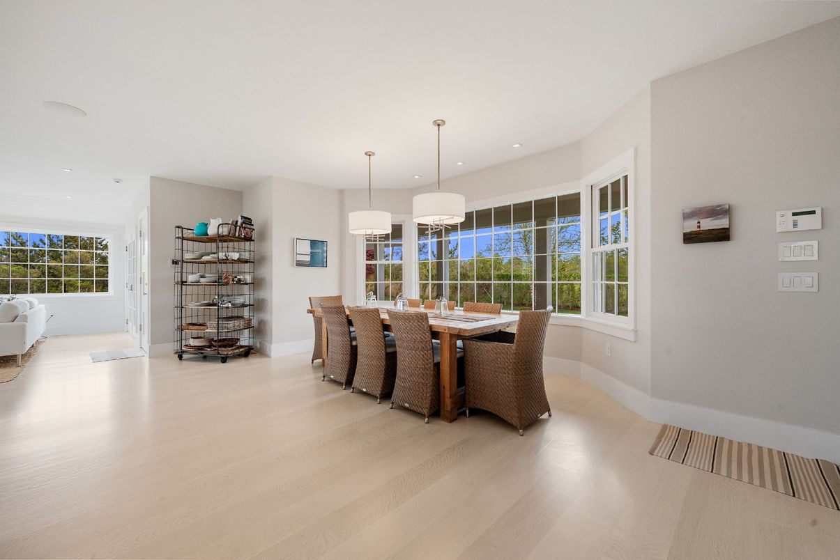 Dining room, Interior, Pendant Lights, Recessed Lighting, Wood Texture Flooring
