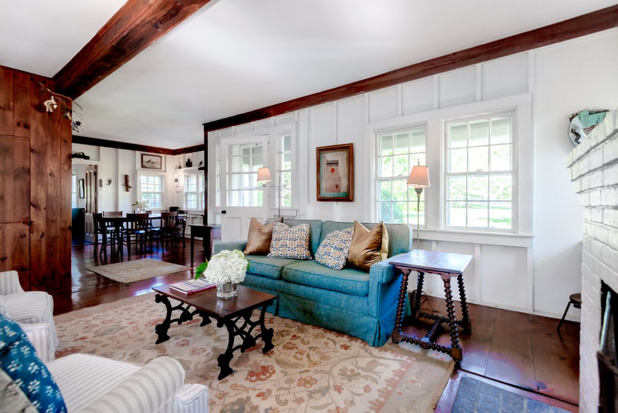 Dining room, Fireplace, Interior, Living room, Wooden Beams, Wood Texture Flooring, Wooden Walls