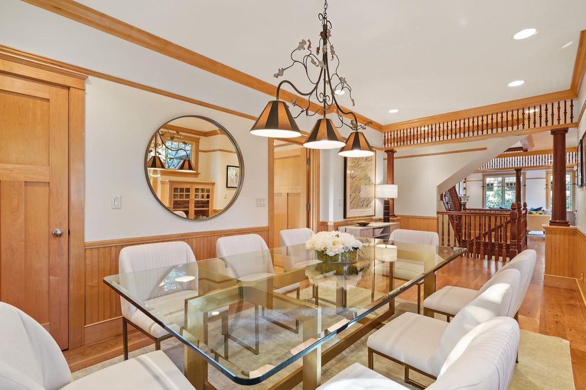 Dining room, Interior, Pendant Lights, Recessed Lighting, Wood Texture Flooring