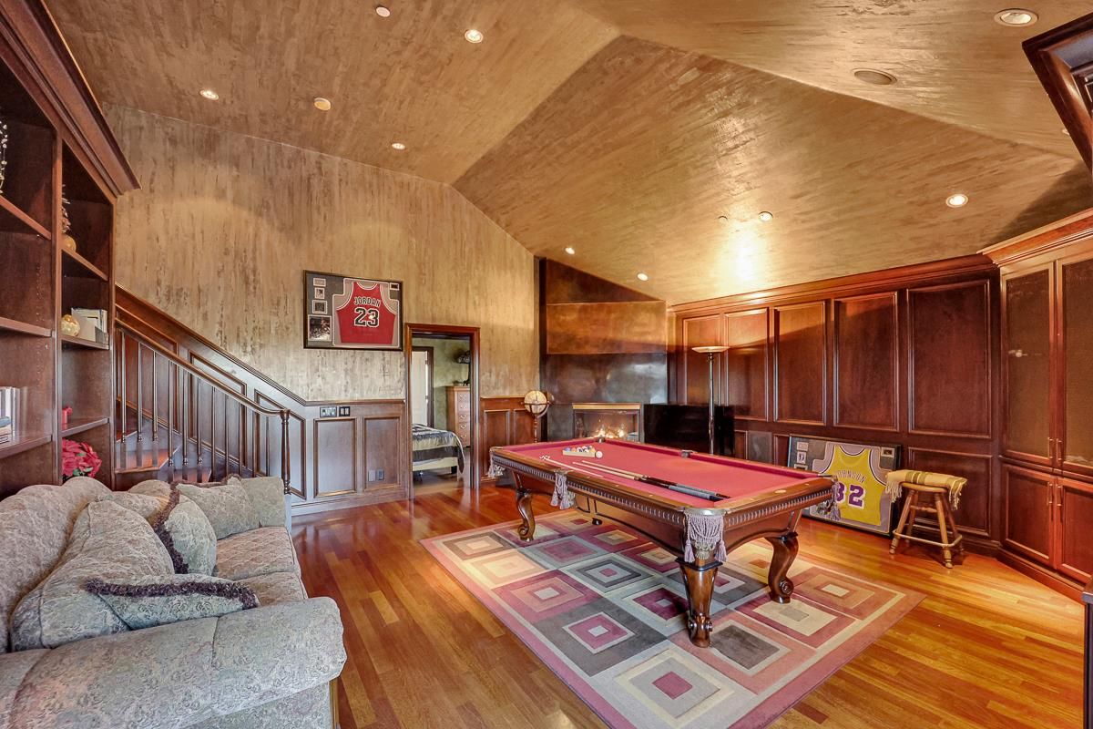 Billiard Table, Game Room, Interior, Recessed Lighting, Wooden Ceilings, Wood Texture Flooring, Wooden Walls
