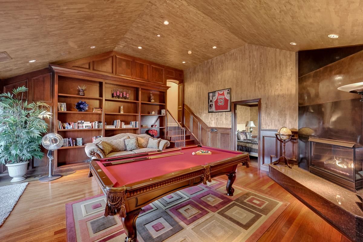 Billiard Table, Fireplace, Game Room, Interior, Recessed Lighting, Wooden Ceilings, Wood Texture Flooring, Wooden Walls