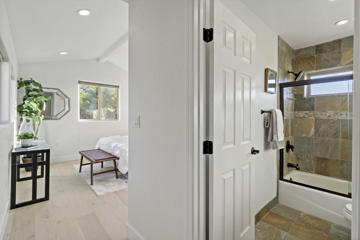 Bathroom, Glass Shower, Interior, Recessed Lighting, Wood Texture Flooring
