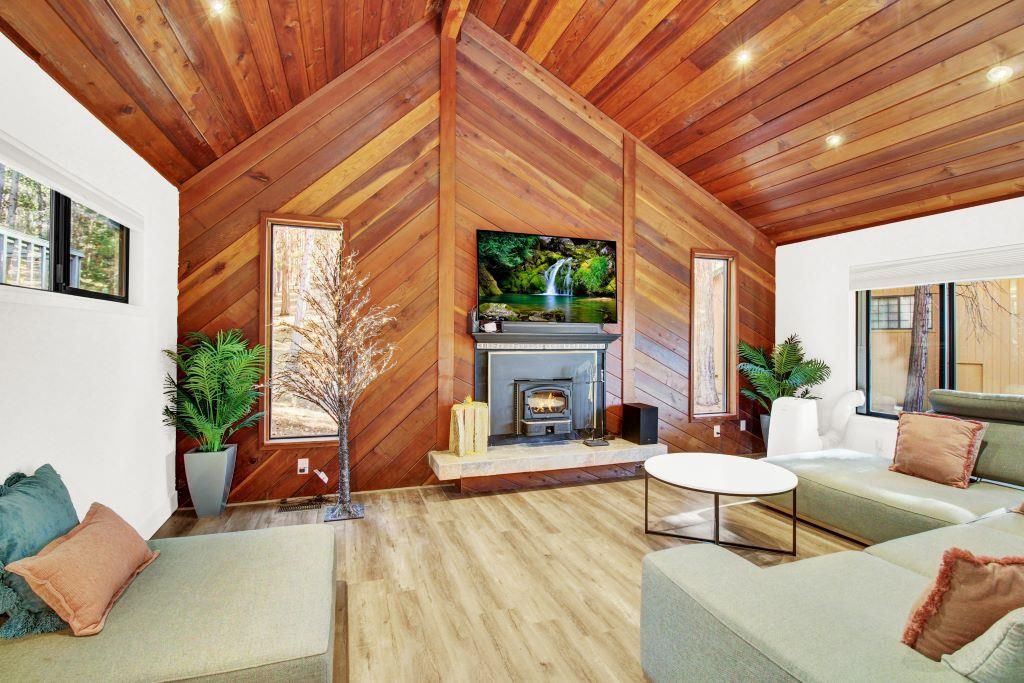 Fireplace, Interior, Living room, Recessed Lighting, Wooden Ceilings, Wood Texture Flooring, Wooden Walls