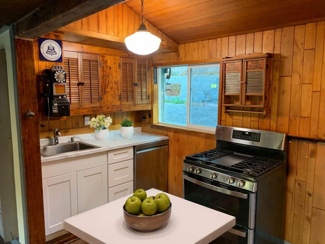 Interior, Kitchen, Pendant Lights, Stainless Steel Appliances, Wooden Ceilings, Wooden Walls