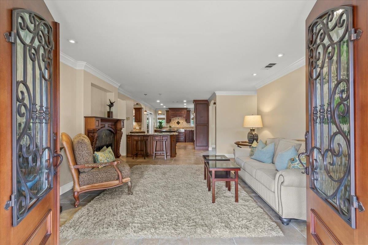 Fireplace, Interior, Kitchen, Living room, Pendant Lights, Recessed Lighting