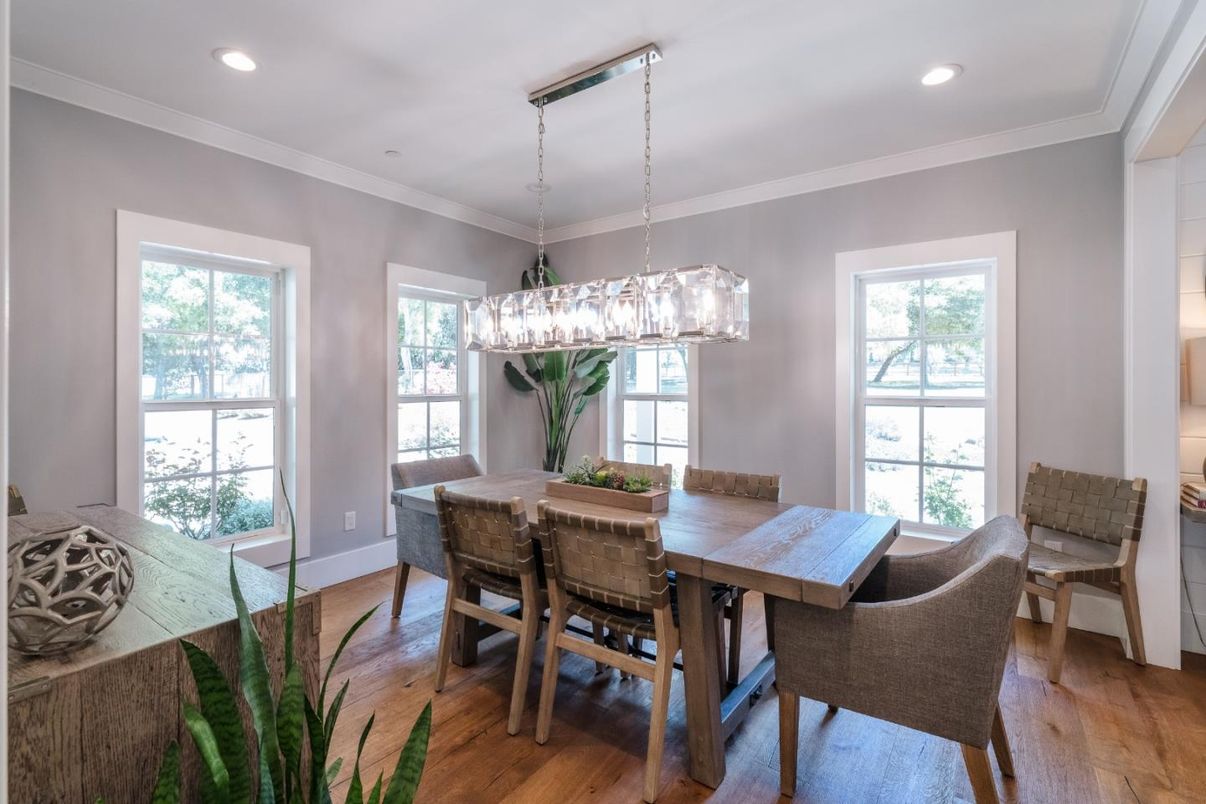 Dining room, Interior, Pendant Lights, Recessed Lighting, Wood Texture Flooring