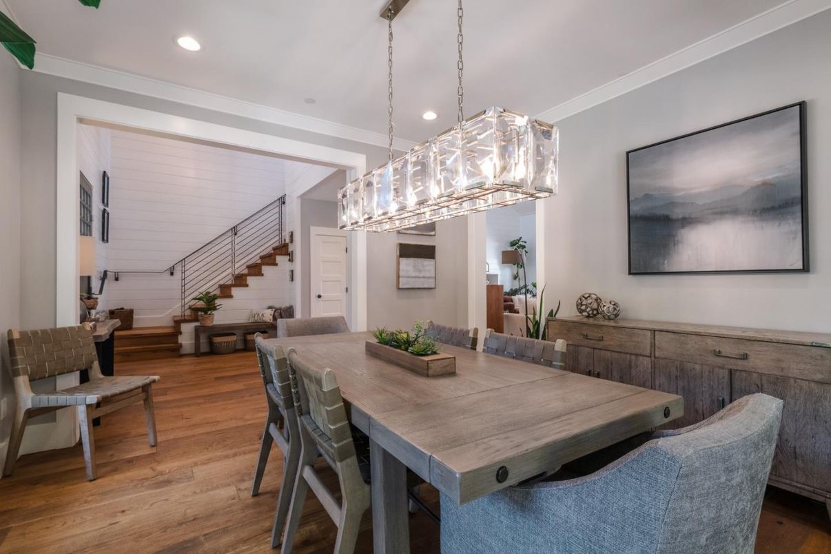 Dining room, Interior, Pendant Lights, Recessed Lighting, Wood Texture Flooring