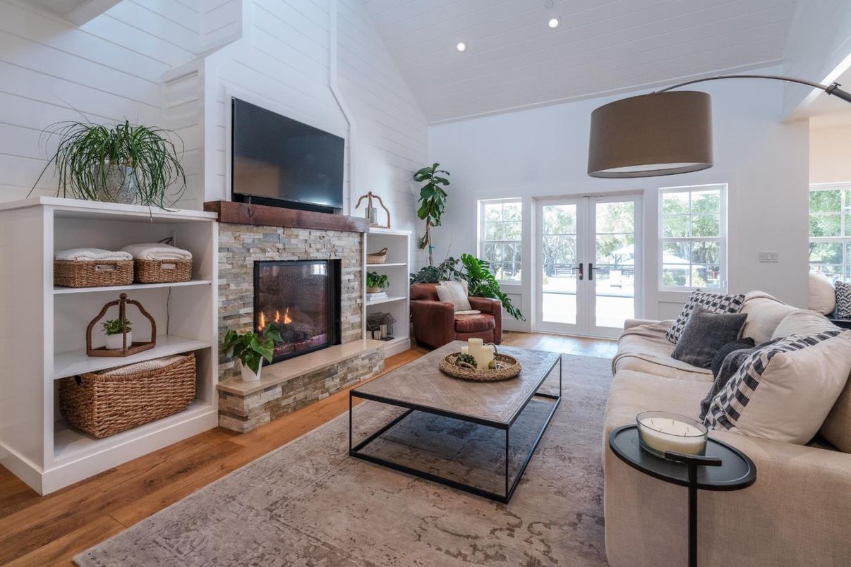 Fireplace, Interior, Living room, Recessed Lighting, Wood Texture Flooring