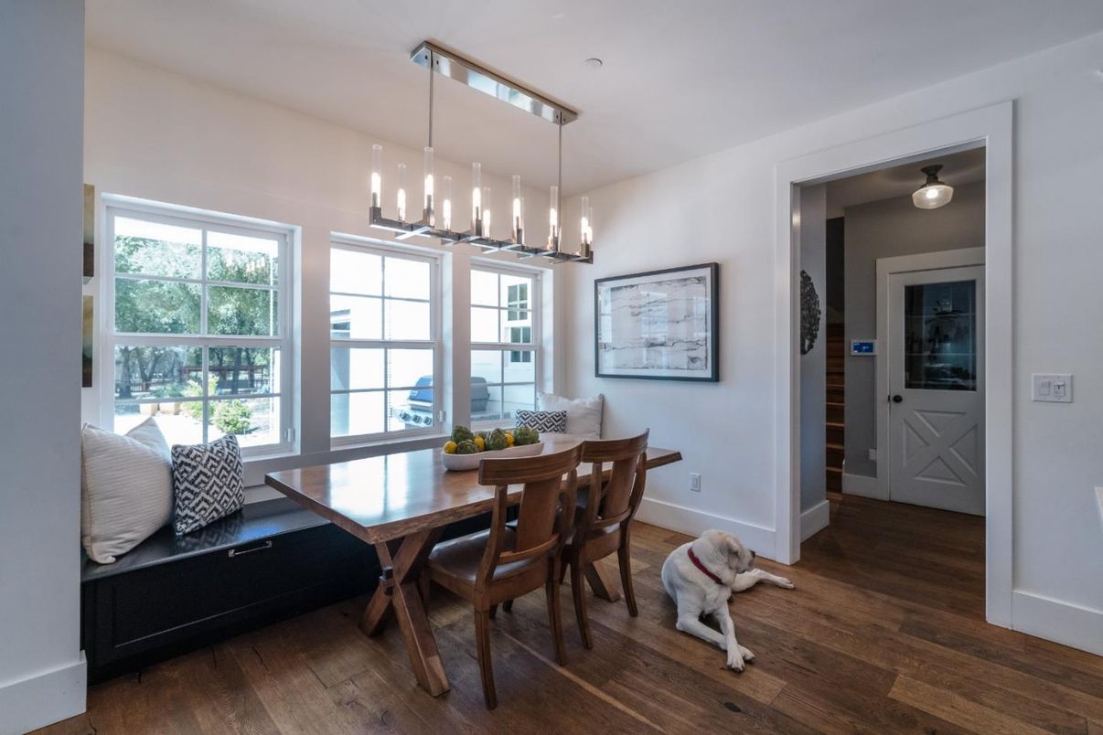 Dining room, Interior, Pendant Lights, Wood Texture Flooring