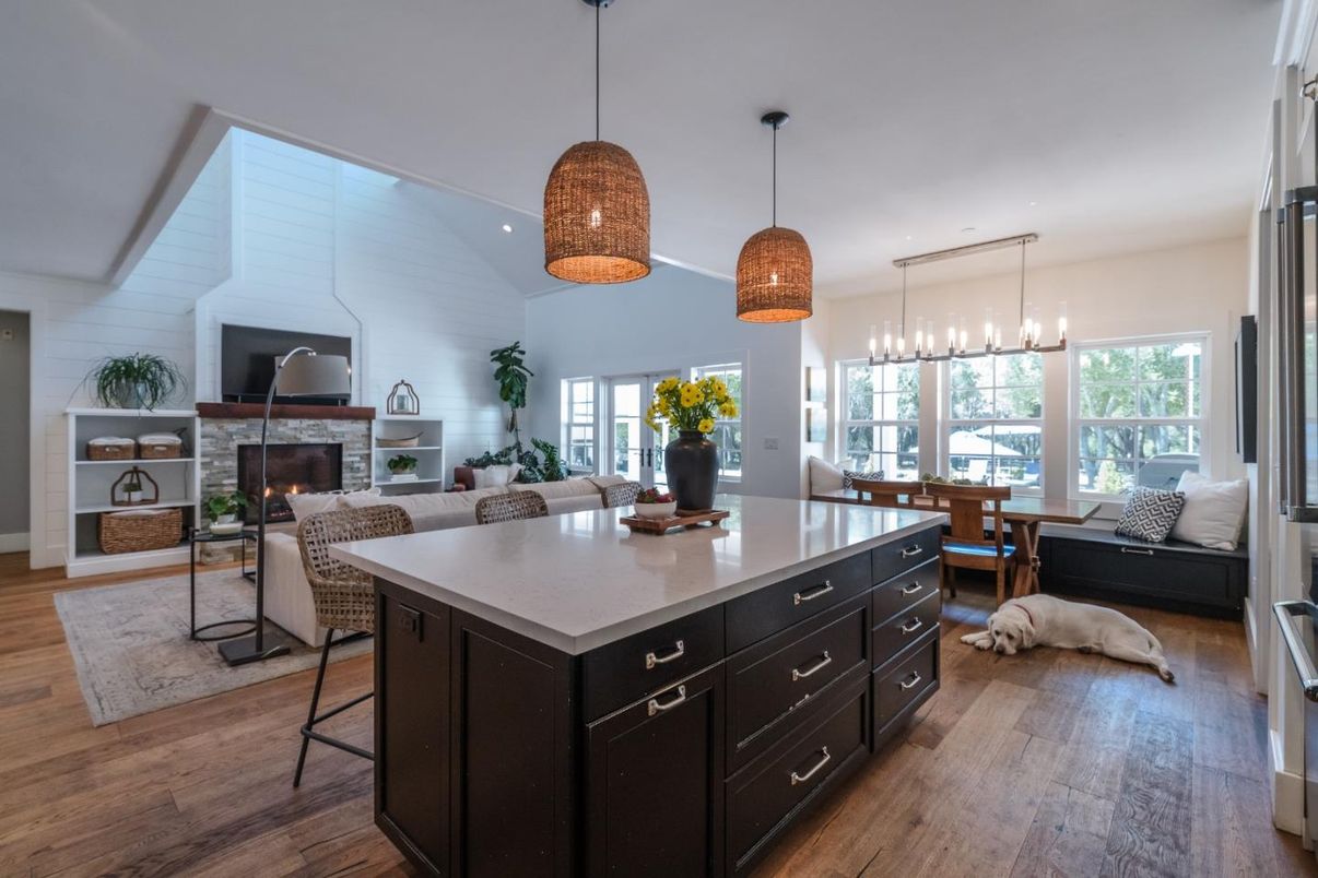 Dining room, Fireplace, Interior, Kitchen, Living room, Pendant Lights, Wood Texture Flooring