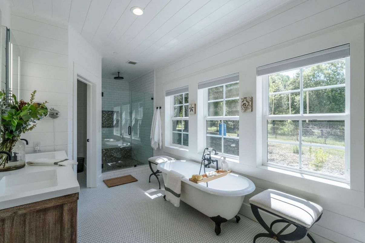 Bathroom, Free Standing Baths, Glass Shower, Interior, Recessed Lighting