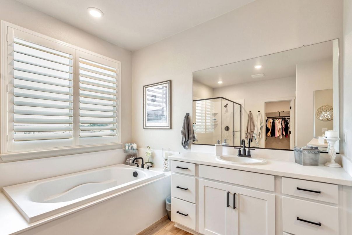 Bathroom, Dual Sink Vanities, Interior, Recessed Lighting, Wood Texture Flooring
