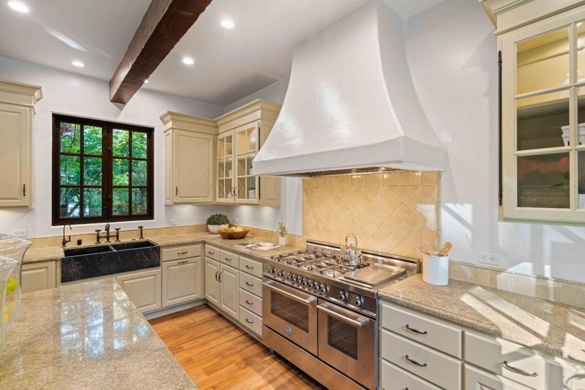 Interior, Kitchen, Recessed Lighting, Stainless Steel Appliances, Wooden Beams, Wood Texture Flooring