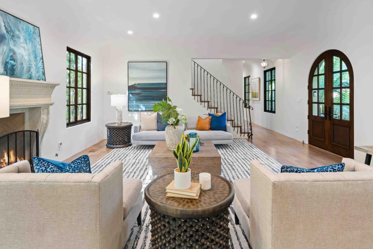 Fireplace, Interior, Living room, Recessed Lighting, Wood Texture Flooring
