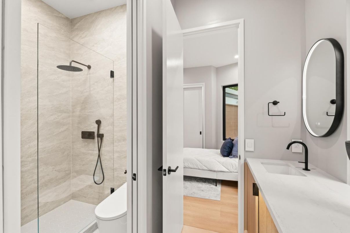 Bathroom, Bedroom, Glass Shower, Interior, Recessed Lighting, Wood Texture Flooring