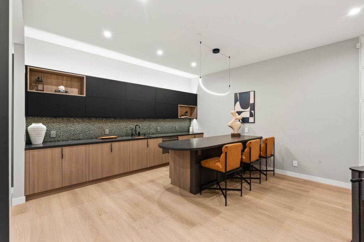 Interior, Kitchen, Pendant Lights, Recessed Lighting, Wood Texture Flooring