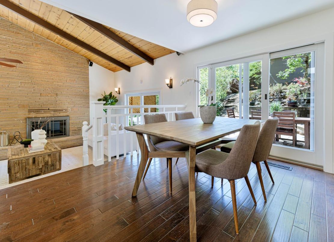 Dining room, Fireplace, Interior, Stone Walls, Wooden Beams, Wooden Ceilings, Wood Texture Flooring